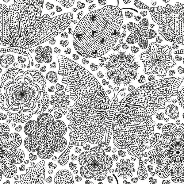 Seamless pattern with flowers, hearts and butterflies. Romantic floral background in black and white colors. Detailed vector illustration