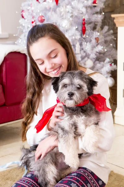 Girl with Puppy at Christmas