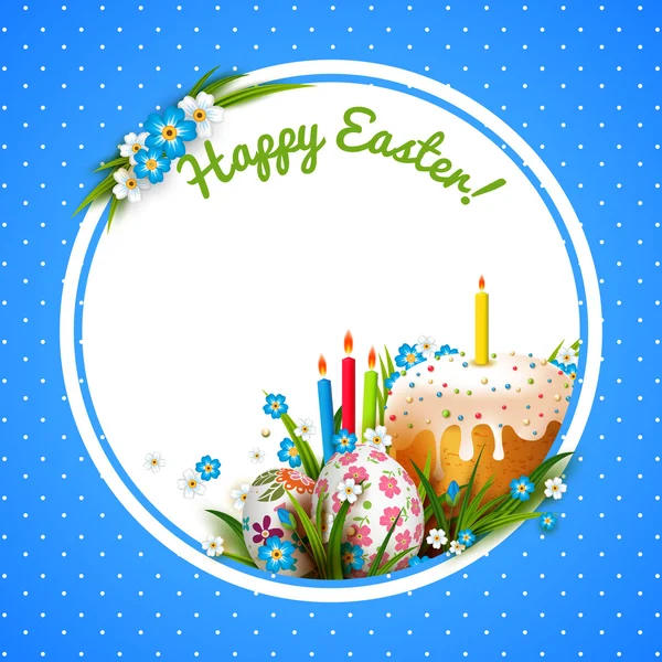 Template with Easter eggs, flowers and cake