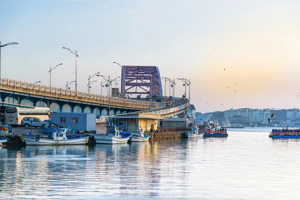 Bridge over river at fishing village in Korea.