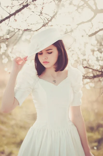 White dress, vintage, vintage items, trail, lace, long dress, spring, cherry blossoms, sun, nature, trees, cherry, girl, young lady, beautiful girl, brunette, Ukrainian, Russian, grass, love of nature, Mademoiselle, Miss, hat, white hat with flower p