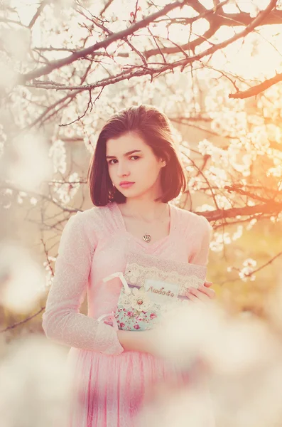 Girl spring, young girl, woman, brunette, Ukrainian, Russian, retro dress, photography, spring, blooming spring, cherry, apricot, blossomed apricot, flower, white flowers, nature, trees, retro clothing, aristocratic, fashionable image, view