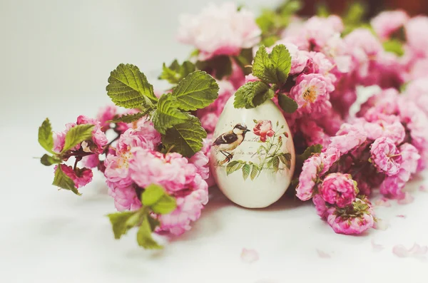 Almonds, bird, bloom, branches of almond, decoration, decorative eggs, decoupage, delicate flowers, easter, easter egg, eggs, flower, flowering shrub, fragrance, lush flowers, petals, pink flowers, pink petals, rose branches, rose tree, shrubs