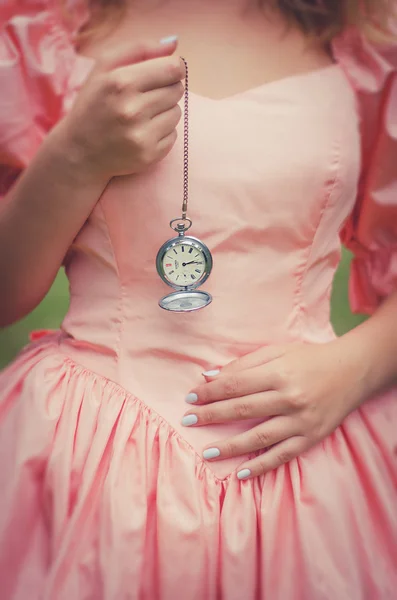 Alice in Wonderland, Alice through the looking glass, fairytale, Alice, girl, dress, nature, Alice should dress pink, retro, vintage, artistic photo, forest, fairy forest, fairy-tale dream, a fantasy, a fairy tale for children, watch, pocket watches,
