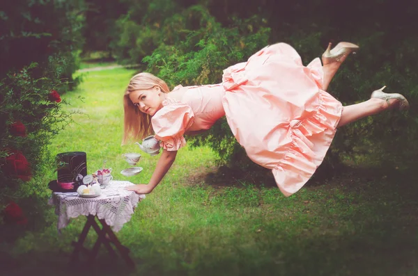 Alice in Wonderland, Alice through the looking glass, fairytale, Alice, girl, dress, nature, Alice should dress pink, retro, vintage, artistic photo, forest, fairy forest, fairy-tale dream, fantasy, fairy tale for children, pocket watch, hands table,