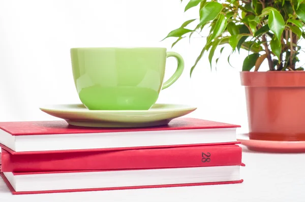 Cup of tea, books stack and indoor plant. Concept of reading, st