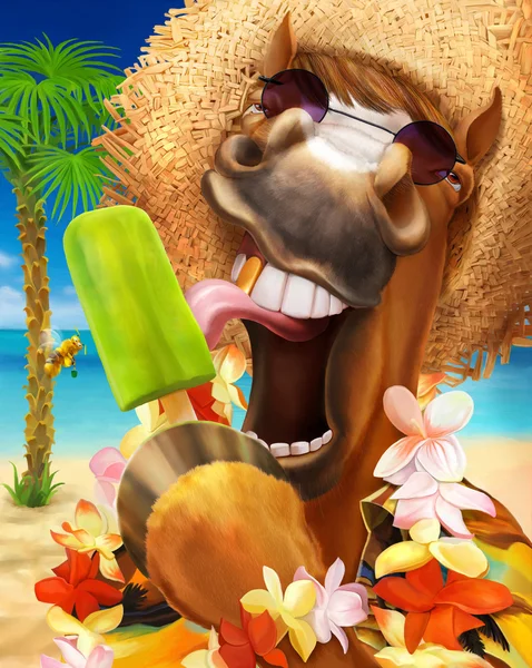 The horse in the Hawaiian shirt on vacation eating ice cream