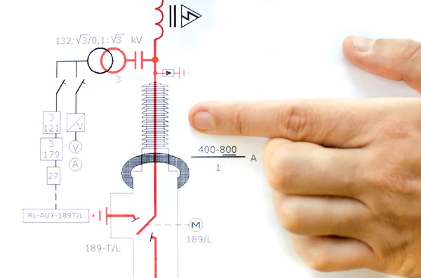 Hand indicating electric scheme isolated white background - electrical engineering