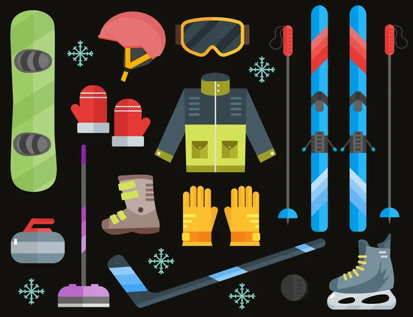 Winter sports equipment set- ski, curling, skates, clothes