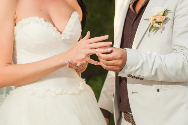 Bride and groom wear rings