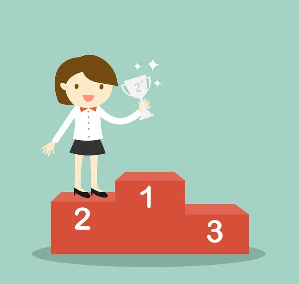 Business concept, business woman standing on 2nd winning podium and holding silver trophy. Vector illustration.