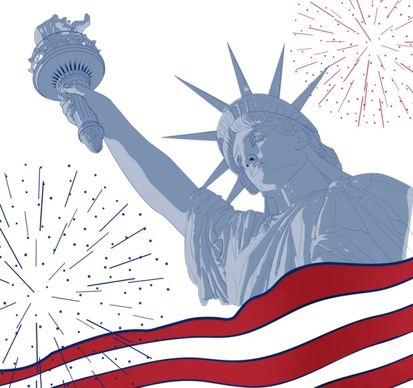 Statue of Liberty with american flag in the front and firework. Design for fourth july celebration USA. American symbol.