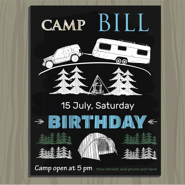 Chalk board invitation  for birthday on the camp. Lettering invi