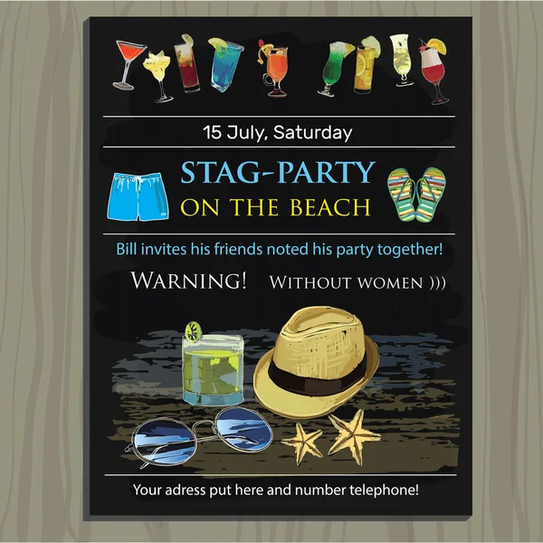 Stag-party invite on the beach. Holiday, vacation, invitation ca