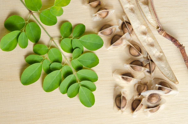 Moringa leaf and seed on wooden board background