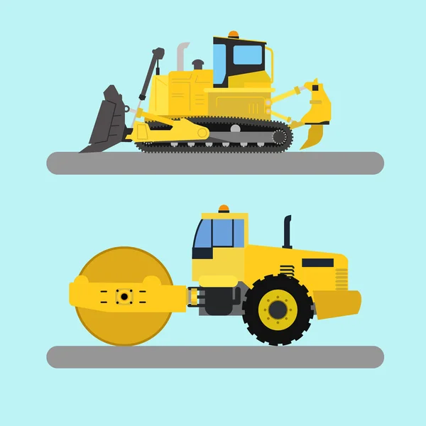 Industrial machinery, bulldozer and road roller vector illustration