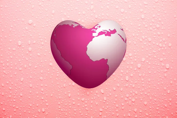 Water drop on pink surface and heart-shape earth