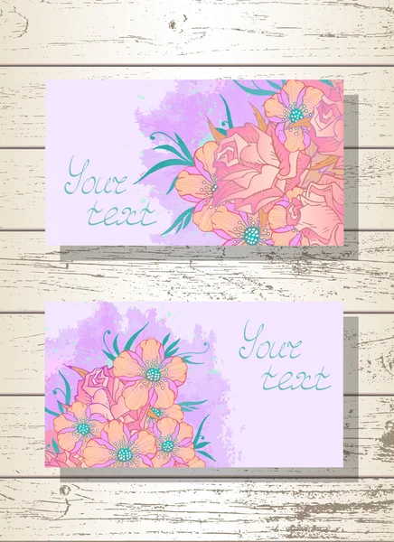 Vector set of templates invitations or greeting cards with flowers, roses and watercolor elements on a wooden background.