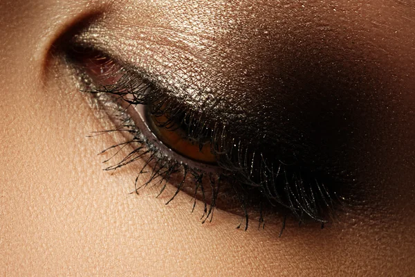 Elegance close-up of female eye with classic dark brown smoky make-up. Macro shot of woman\'s face part. Beauty, cosmetics and makeup