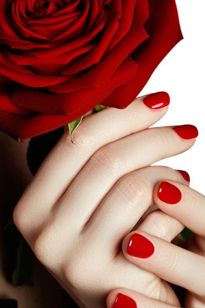 Manicure. Beautiful manicured woman's hands with red nail polish. Beautiful red manicure. Girl with red nail Polish on the nails. Bright red polish on nails and holding red rose