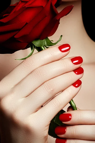 Manicure. Beautiful manicured woman\'s hands with red nail polish. Beautiful red manicure. Girl with red nail Polish on the nails. Bright red polish on nails and holding red rose