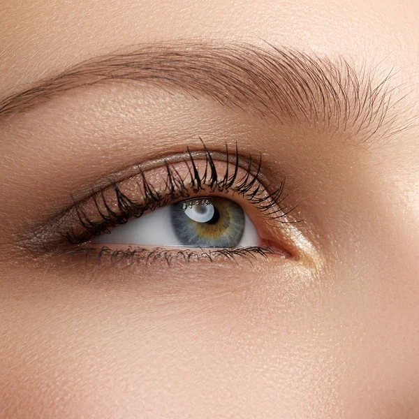 Macro shot of woman's beautiful eye with extremely long eyelashes. Sexy view, sensual look. Female eye with long eyelashe