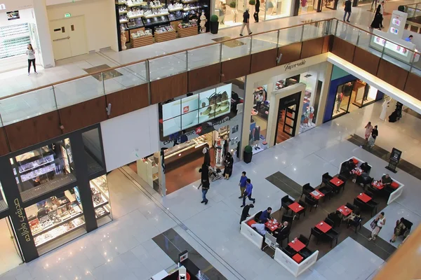 Shopping center Dubai Mall, top view inside, boutiques and peopl