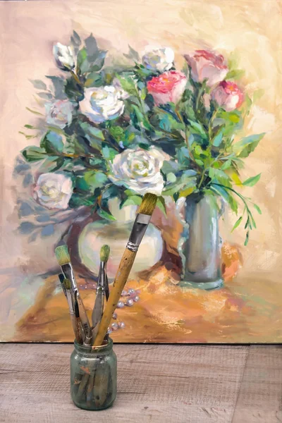 Artist brush and painting, impressionism oil painting, floral st