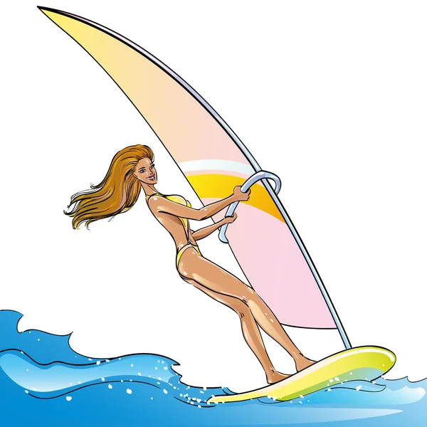 Beautiful happy tanned athletic girl in a swimsuit bikini surfing, water extreme sport on the ocean waves of the sea along the shore, hobbies and leisure on beach holidays vacation, isolated vector