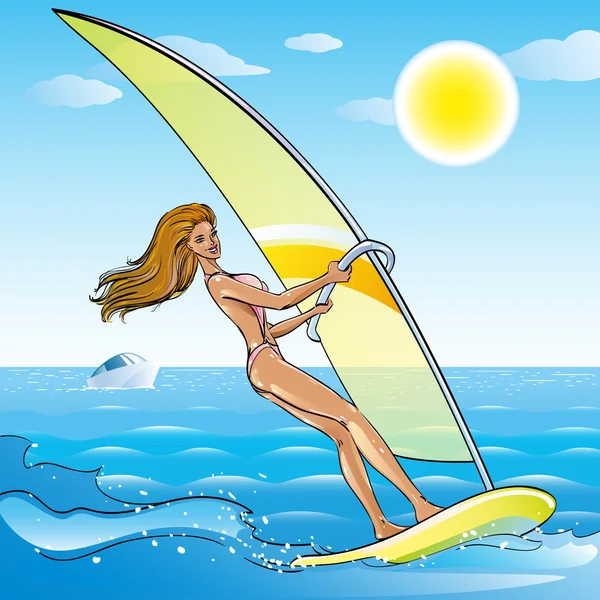 Beautiful happy tanned girl in a swimsuit bikini surfing, water extreme sport on the ocean waves of the sea against the backdrop of the tropical sun and the yacht on beach holidays vacation, vector