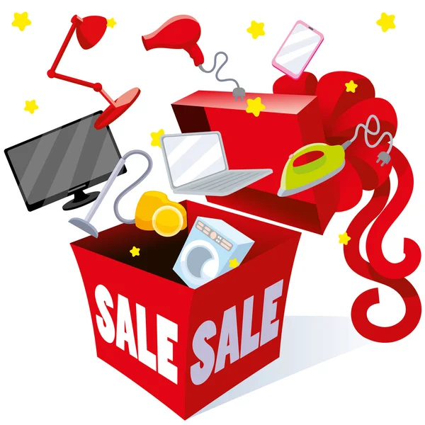 Holiday gift packaging box inscription sale prices of which the fireworks are objects of different goods household appliances and electronic gadgets, vector