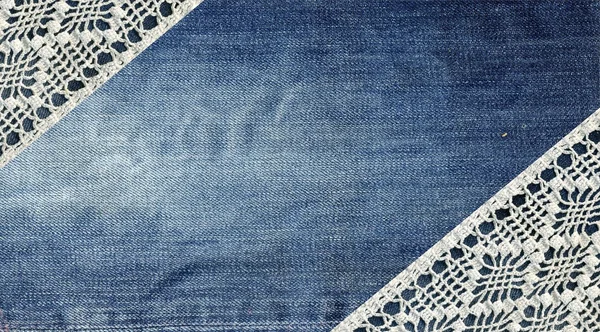 Jeans and lace. Background with denim and handmade lace. Vintage background with lace and denim fabric