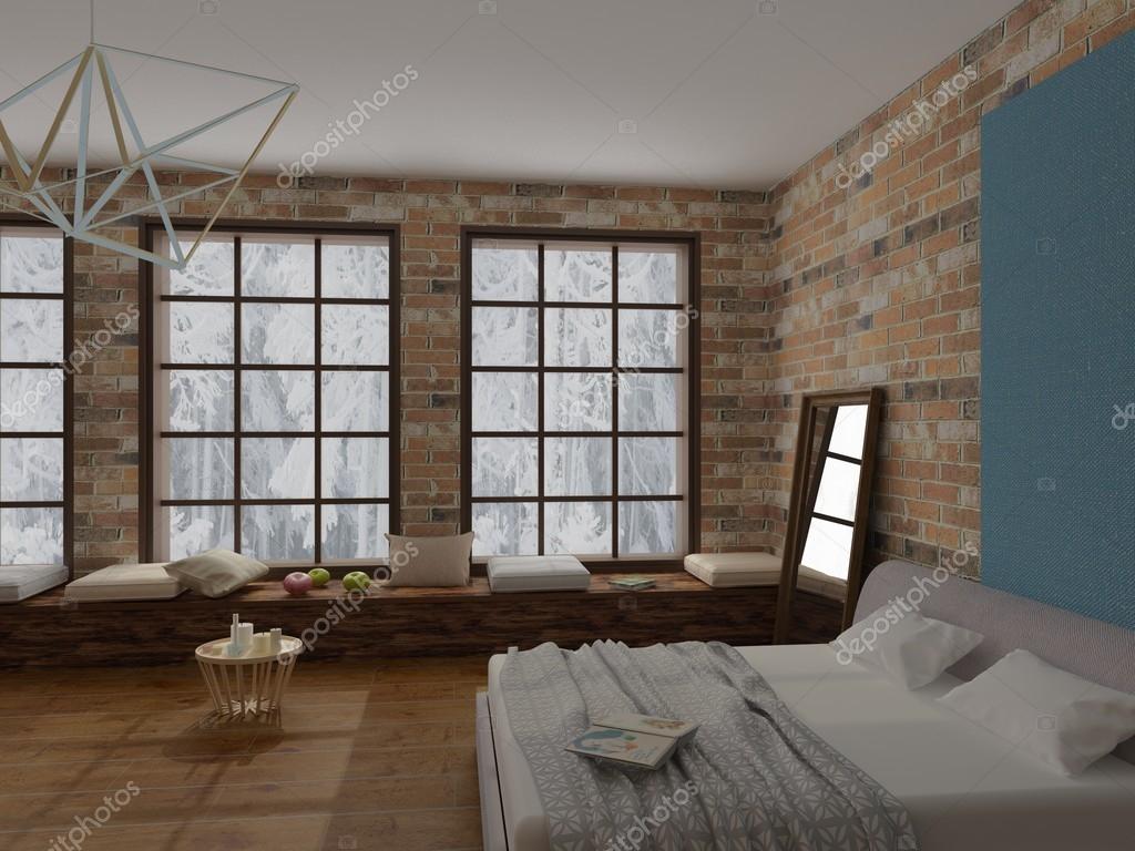 Rendering av mysig inredning av sovrum i loftstil med tegel vägg ...