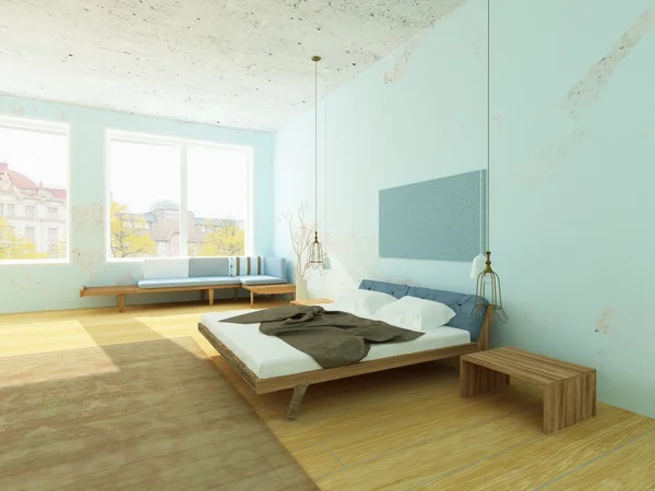 Cozy morning bedroom with blue walls, Scandinavian style.