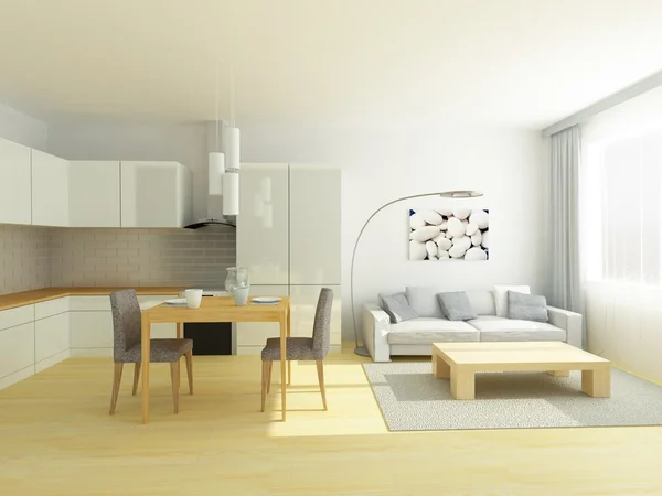 Studio flat kitchen and sitting room in light gray and white colors. Scandinavian Style.