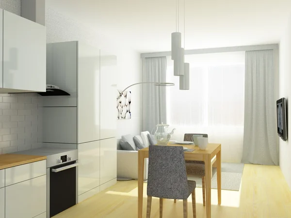 Small flat, studio room, kitchen and sitting room in light gray colors.