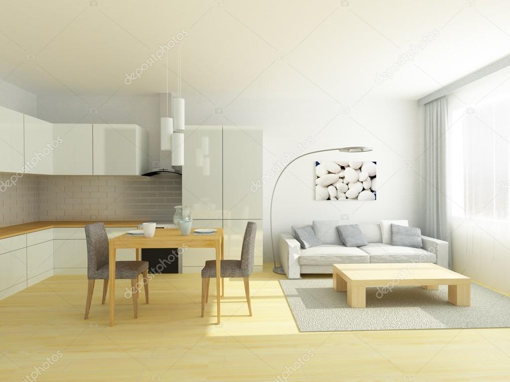 Studio platte keuken en zitkamer in licht grijze en witte kleuren ... Kamer kleur grijs