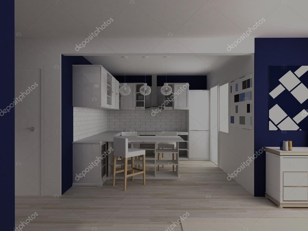 Cuisine blanche moderne avec bar table en studio de blanc et bleu ...