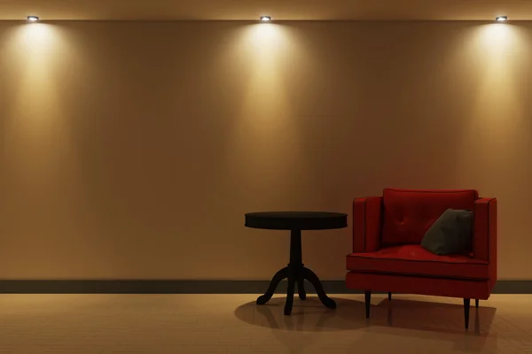 Interior with red armchair and artificial lighting.