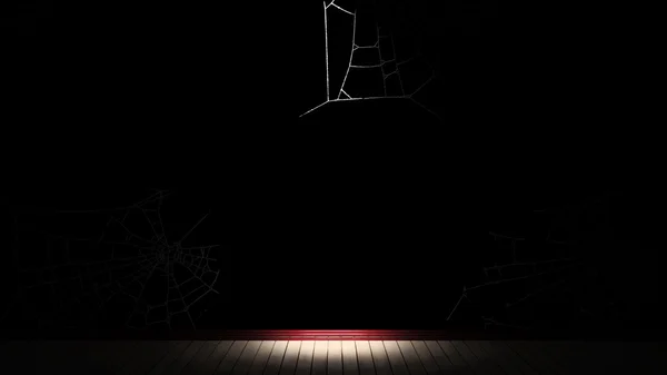 Empty room, floor, baseboards, wall. Done in shades of black, red plinth, wallpaper with cobwebs.