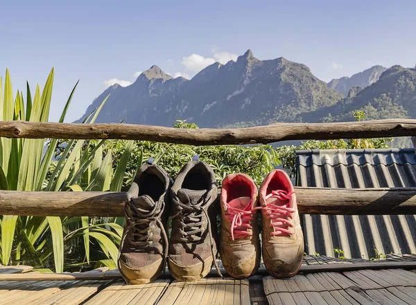 Dirty couple of sneaker with nature background