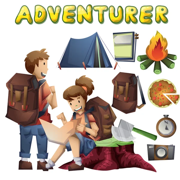 Cartoon vector landscape on the theme of adventures and outdoor recreation