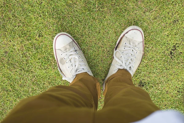 Feet in sneakers in green grass