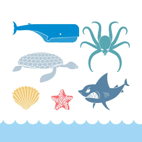 Underwater World Set flat icons. Animals Ocean. Shark and octopu