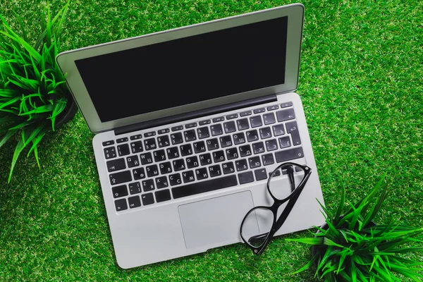 Laptop  on green grass
