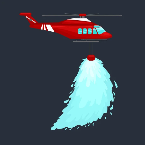 Red emergency propeller helicopter in the air with water for extinguish danger fire. Rescue aircraft flight for water transportation isolated vector illustration