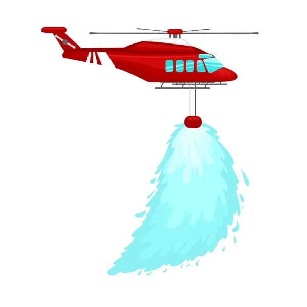 Red emergency propeller helicopter in the air with water for extinguish danger fire. Rescue aircraft flight for water transportation isolated vector illustration