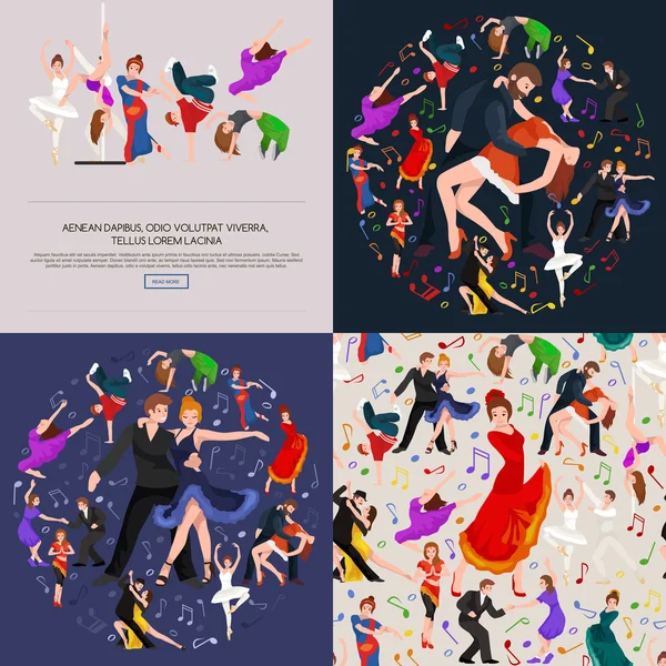 Group of dancing people, yong happy man and woman dance together and in a couple, girl sport dancer, happy boy, dance background vector illustration pictogram isolated