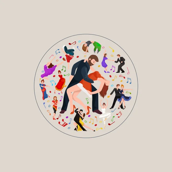 Vector illustration of couple dancing modern dance, Partners dance bachata, Dancing style design concept set, traditional dance flat icons isolated vector illustration, Man and woman ballroom dancing.