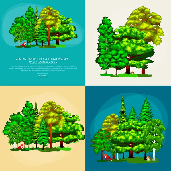 Forest green trees on the grass bush in summer landscape background. Nature landscape design elements isolated with green trees, grass bush and animals. Isolated ecology natural wood trees set vector.